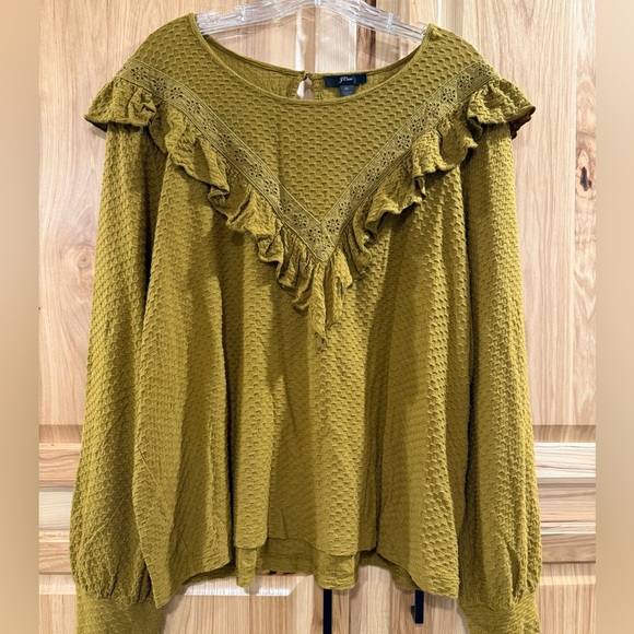 J. Crew Olive Gold Textured Boho Rustic Fall Cottagecore Blouse with Ruffle Trim - Picture 3 of 10